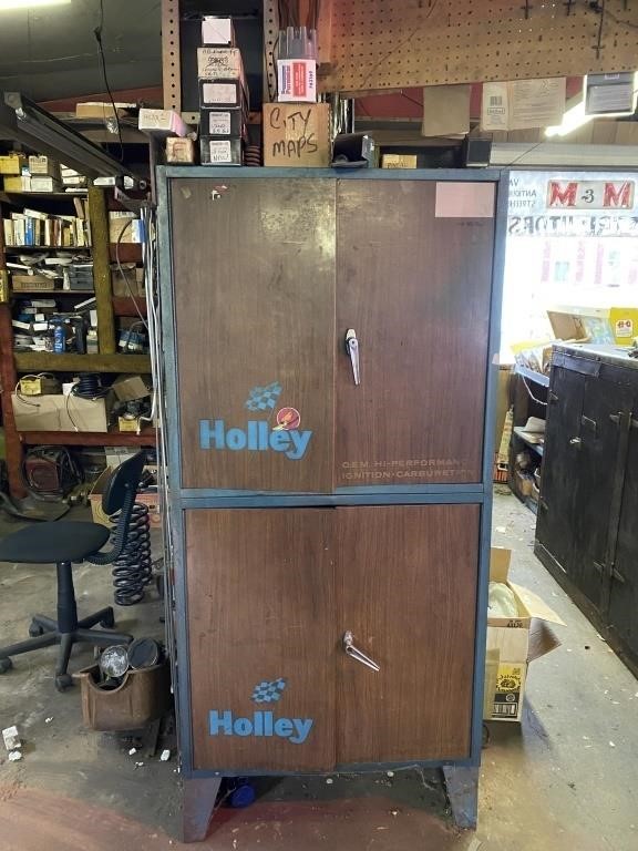 HOLLEY METAL SHELVING UNIT W/ CONTENTS INCLUDING