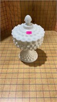 White hobnail candy dish with lid