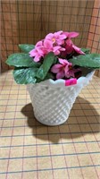 White hobnail planter with artificial flower
