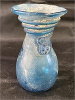 VTG Blue Art Glass Vase w/ Applied detail