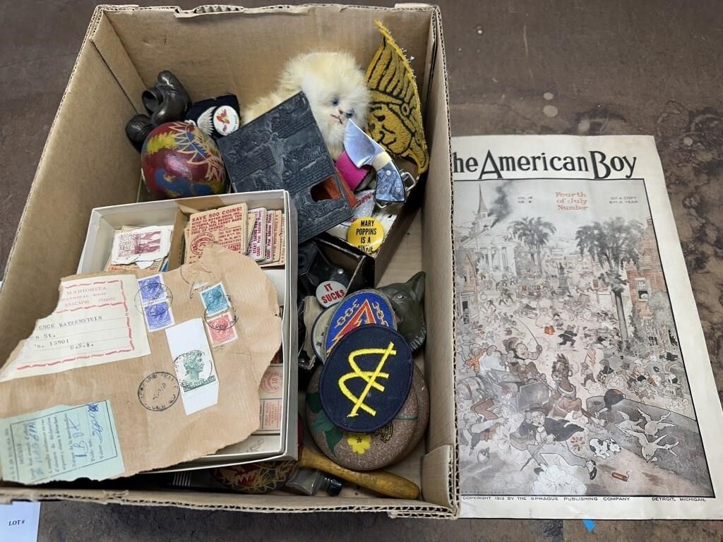 JUNK DRAWER LOT INCLUDING PINS, PATCHES,