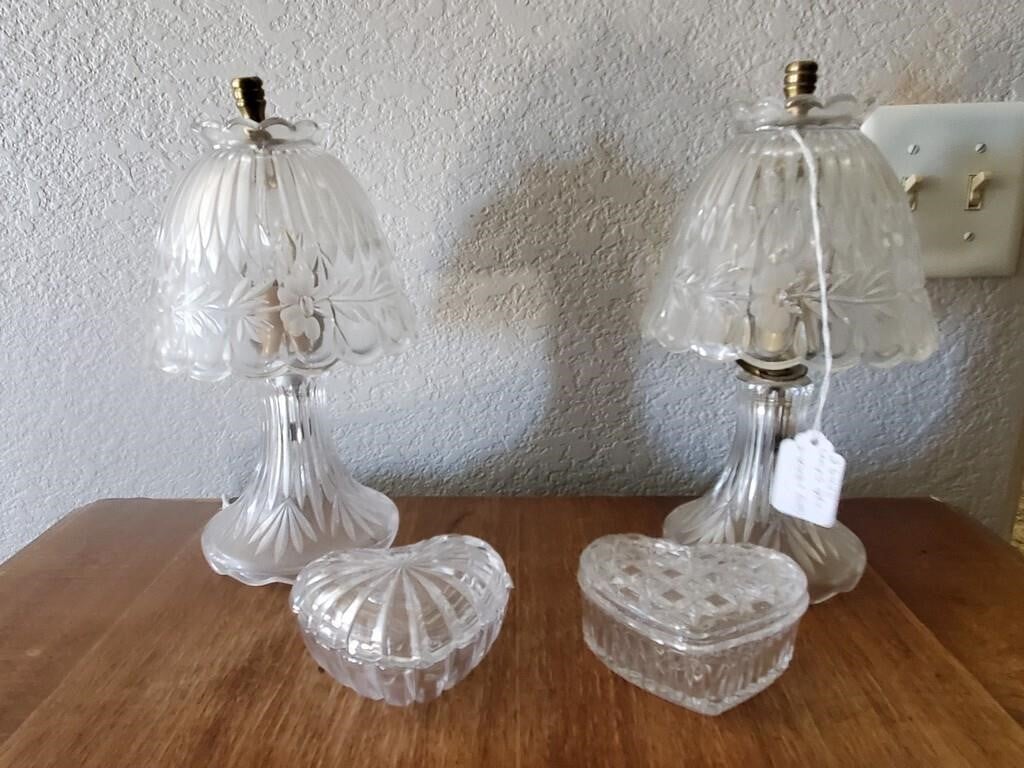 Pair Of Glass Lamps And 2 Glass Trinket Boxes
