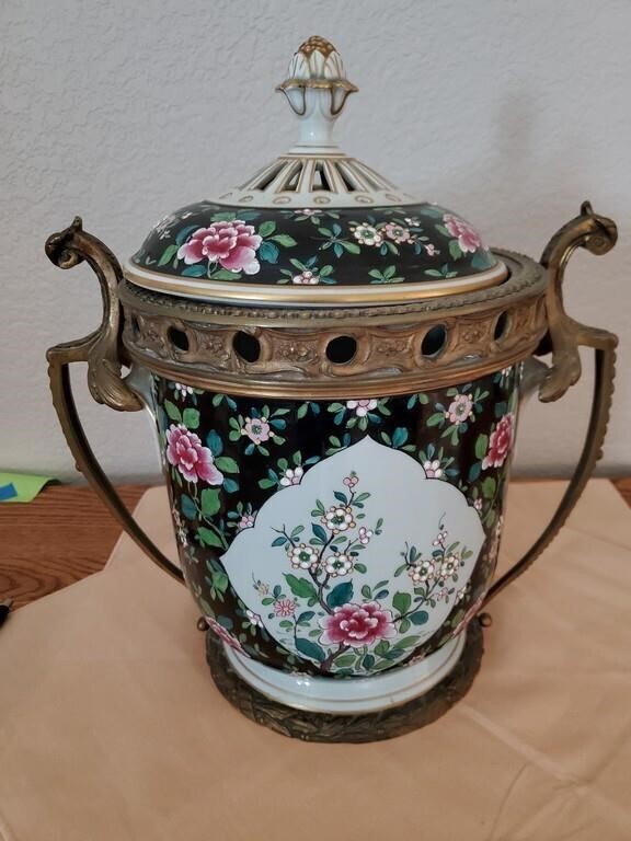 Oriental Porcelain Dish W/ Brass Handles