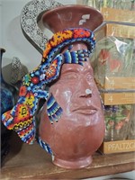 Handmade Pottery Man Face Vase w/Beaded Lizzard