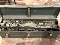 METAL TOOLBOX W/ TOOLS INCLUDING LARGE PIPE