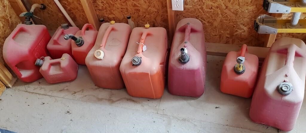 9 Various Sized Plastic Fuel Cans