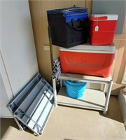 (3) Coolers And Plastic Shelving Unit