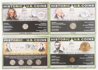 FOUR HISTORIC US COINS INFO CARDS WITH COINS