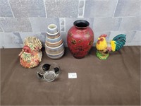 Vintage vases, rooster vase, and more