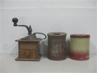 Antique Coffee Grinder & Two Tins Tallest 7"