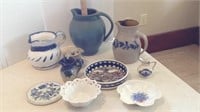 Pitchers and other blue and white dishes