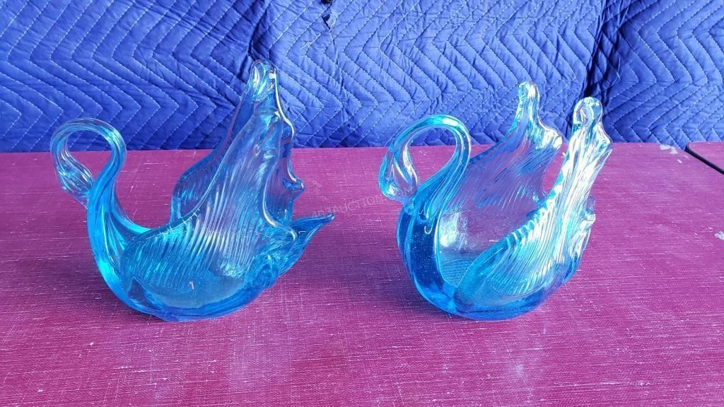 Set of Vintage Blue Hand Blown Swan Candy Dishes