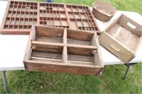 Wooden Pop Crates, Printers Drawer & Cast Iron Pot