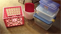 Milk crate, small totes, trashcan and extra lids