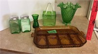 Green glass S&P, vases and fruit plate