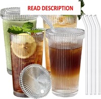 12 OZ Glass Cups with Lids & Straws  4 Pcs