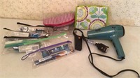 Blow dryer and dental care items.