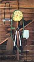 Hedge clippers, thermometer, sign. (Everything on