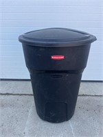 Black Rubbermaid garbage bin on wheels
