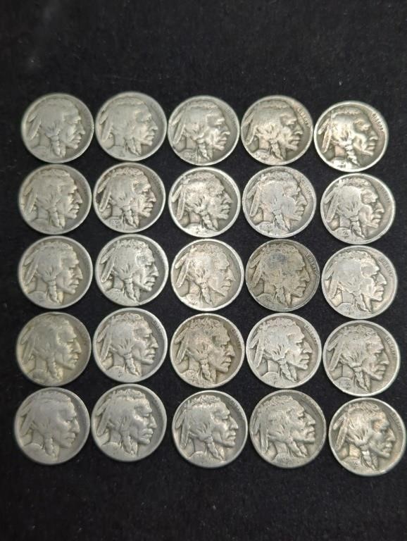 25 assorted vintage Buffalo nickel coins. In bag,