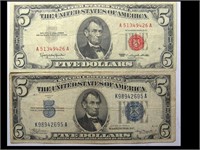 1934A $5 SILVER CERTIFICATE & 1963 $5 RED SEAL V.S