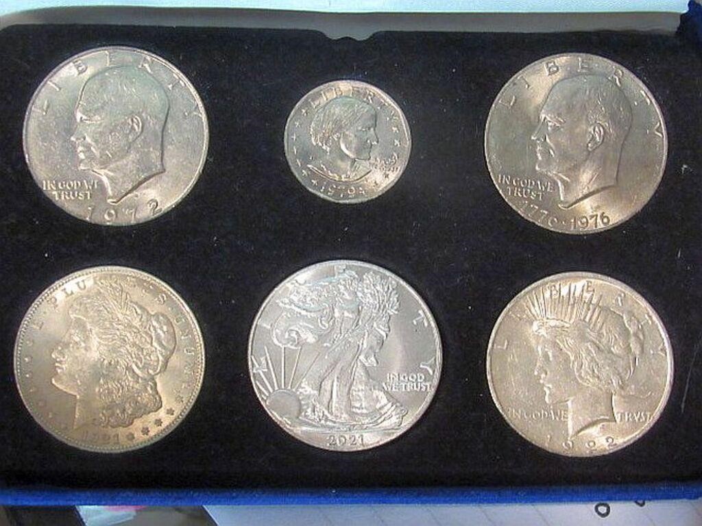 100 YEAR SIX PIECE COIN SET IN CASE - 3 SILVER