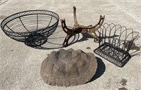 Lot: metal planters, stand, turtle shell decor