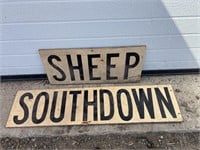 Two wood signs: sheep, south down