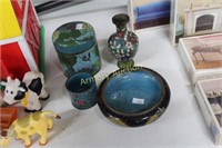 4 VINTAGE CLOISONNE PIECES - SMALL DENT ON VASE