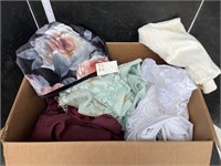 Box lot of table cloths, misc