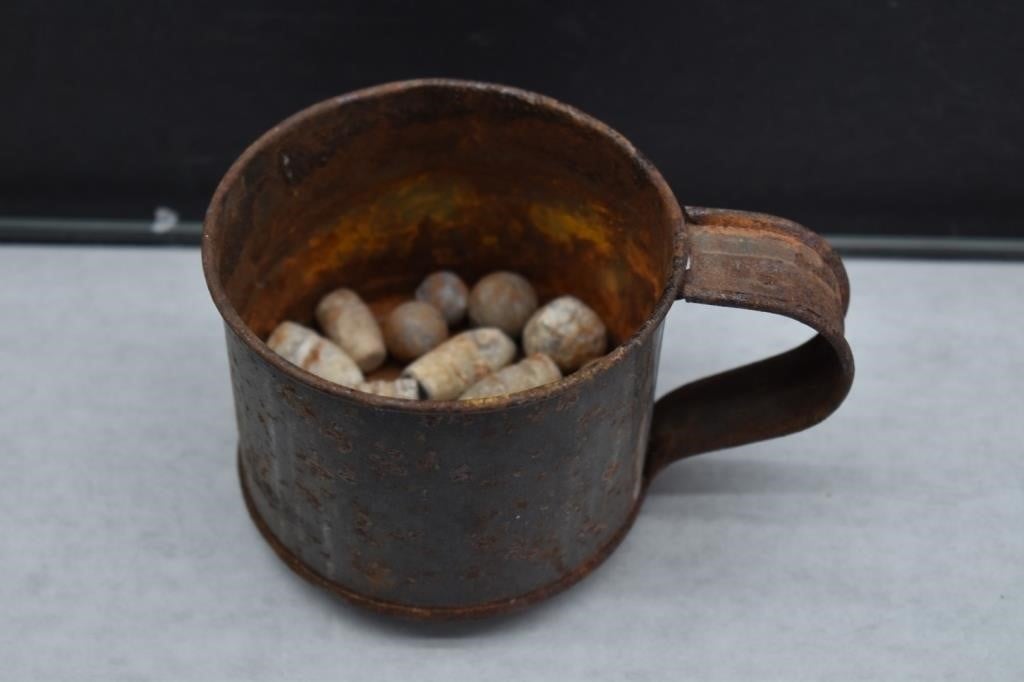 Tin Cup with Civil War Bullets and Musket Balls