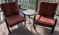 2 Patio Chairs, Glass Top Table 20x17". Enclosed