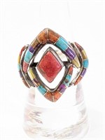.925 Silver Spiny Turquoise & Coral Ring Sz 8