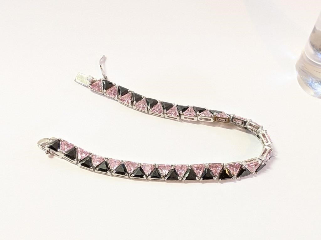 .925 Silver Pink & Black Bracelet 7"  HC2