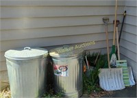 2 Galvanized Trash Cans, Snow Shovels, Gardening