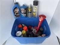 Tote of motor oil, funnel, misc
