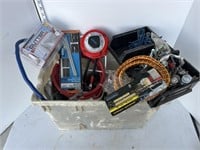 Tote of hardware, battery connectors, misc