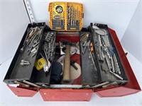 Red toolbox full of drill bits, misc