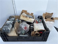Black crate w/ electrical parts, misc