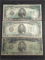 Three 1934 $5 Federal Reserve Note US paper money