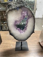 Large amethyst quartz geode slice on stand