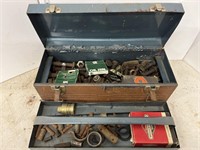 Blue metal toolbox full of large bolts, misc