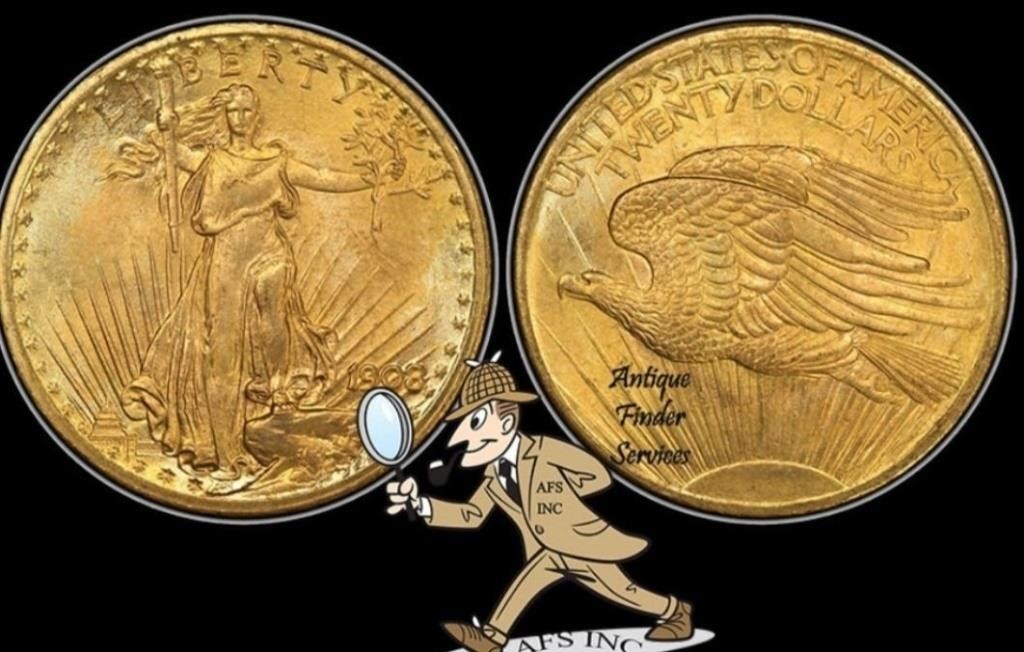 1908 NM $20 Gold Saint Gaudens Coin -AU Plus