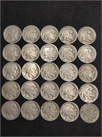 25 assorted vintage Buffalo nickel coins. In bag,