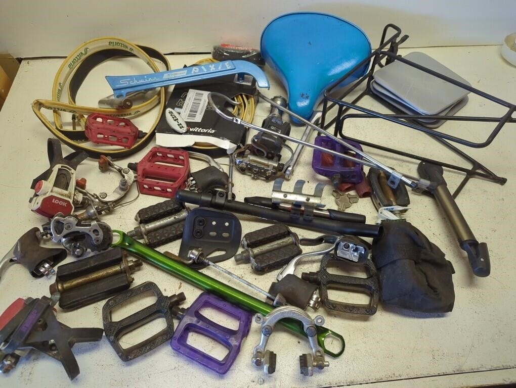 Box of vintage bike parts -  Schwinn, pedals,