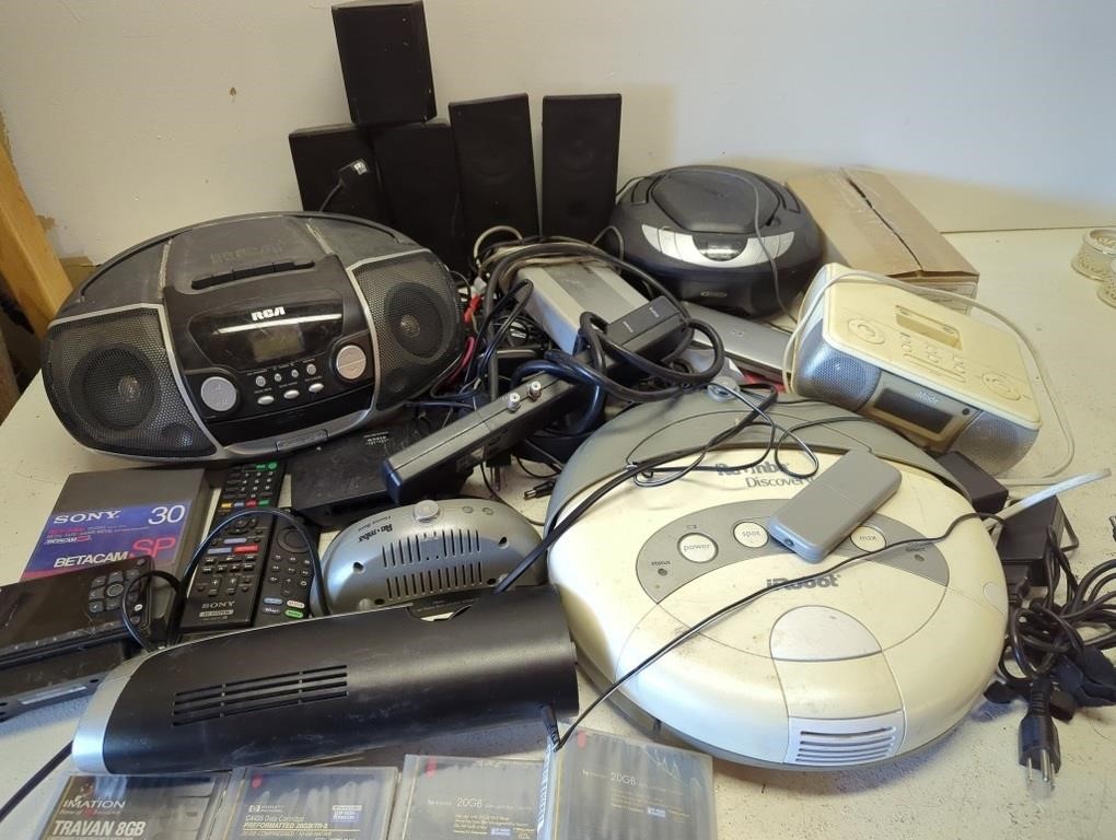 Large tub of electronics - boom boxes, router,
