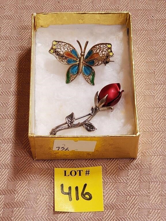 Sterling Rose Pin & Vintage Enamel Butterfly Pin