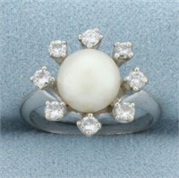 Akoya Pearl and Diamond Halo Ring in 14k White Gol