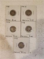 OF) 5 Silver Dimes in protective sleeves