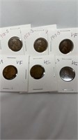 Lot of 6 Wheat Pennies. 1909 VF, 1910 VG, 1916-S